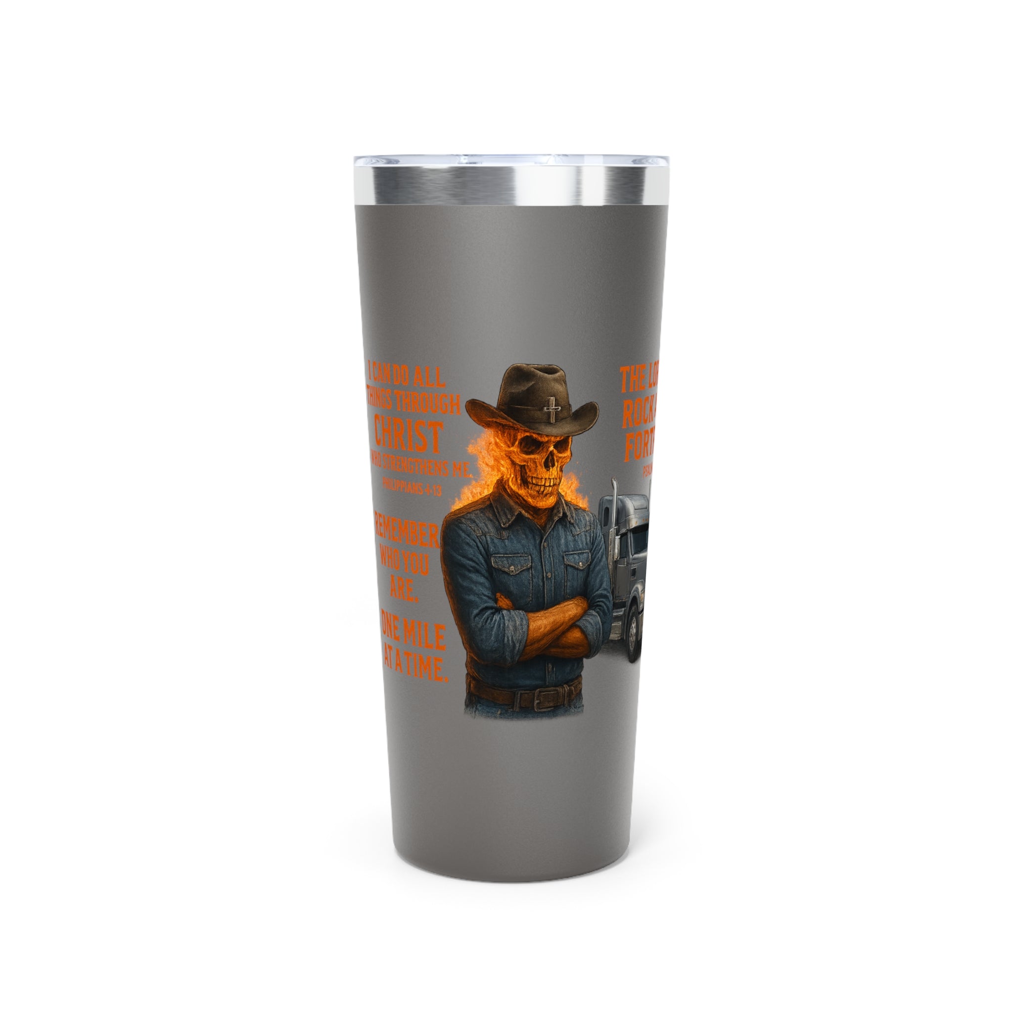 Faith Under Fire Trucker Tumbler — 22oz Copper Vacuum Insulated Travel Mug