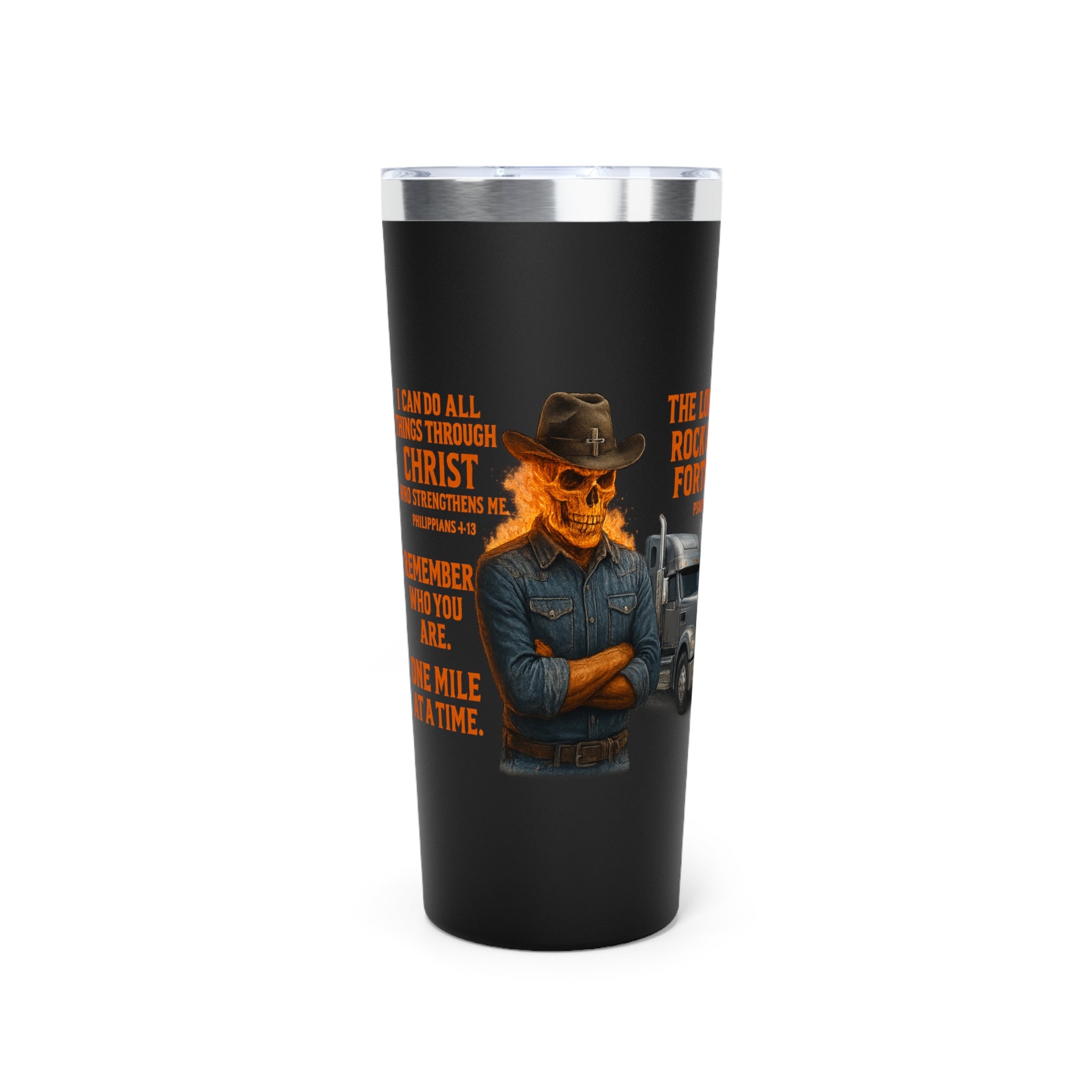 Faith Under Fire Trucker Tumbler — 22oz Copper Vacuum Insulated Travel Mug